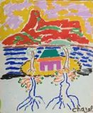 Island House & Mountain - Boat, Trees & Flowers (verso) by Malcolm de Chazal, Gouache, sold May 2021