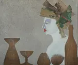 Francesco Musante, Regina con Natura Morta,' 15th February, 1977, Oil, Wood Veneer & Collage on Canvas