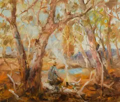 Hugh Sawrey, Boiling Up by the Billabong, W. Qld, Oil on Board