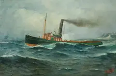 William Edgar, Tugboat Leveret Passing Nobbys Head, Newcastle, c.1910, Oil on Board