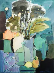 Still Life with Vase & Bottles by Sheila White, Acrylic on Paper, sold Mar 2021