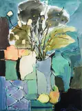 Sheila White, Still Life with Vase & Bottles, Acrylic on Paper