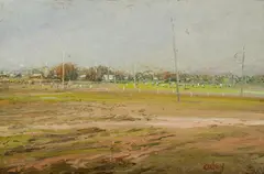 Kevin Oxley, Playing Field, Sunday, Oil on Canvas on Board