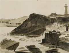 Rocky Coast with Lighthouse, possibly Wollongong region NSW by Dennis Adams, 1945, Ink & Wash, sold Mar 2021