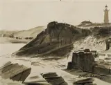 Dennis Adams, Rocky Coast with Lighthouse, possibly Wollongong region NSW, 1945, Ink & Wash