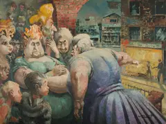 Ian Hassall, The Gossips, Oil on Board
