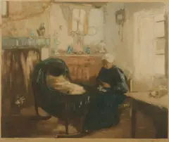 Frantz Charlet, Elderly Lady Knitting by a Cradle, Etching in Colours A/P