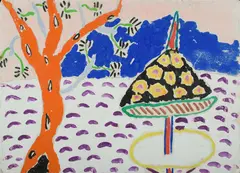 Beach Table with Umbrella - Unsigned by Malcolm de Chazal, Gouache, sold Mar 2021