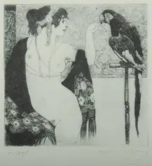 Lady and Parrot by Norman Lindsay, Facsimile Etching 495/550, sold Feb 2021