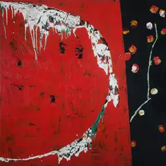 Elwyn Lynn, Red Table and Rose, 1993, Mixed Media on Canvas