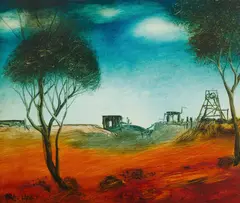 Mining Camp by Pro Hart, 1970s, Oil on Board, sold Nov 2020