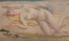 Nude on Beach Towel by Arthur Murch, Oil on Board, sold Nov 2020