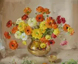 Alan Douglas Baker, Mixed Blooms in Brass Vase