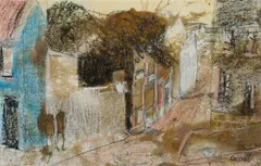 Judy Cassab, Sydney Terraces with Figures, Pastel, W/Clr & Pencil