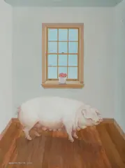 Deborah Niland, Interior with Sow and Vase of Flowers, 1983, Acrylic on Canvas on Board