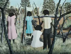 Dick Roughsey Goobalathaldin, Wood Gathering, Oil on Board