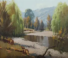 Dixon Copes, Australian River Scene with Weeping Willows, Oil on Board