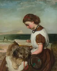 James Clark Waite, Girl Reading, with Dog on Her Lap, British Coast, Oil on Canvas