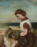 James Clark Waite, Girl Reading, with Dog on Her Lap, British Coast, Oil on Canvas