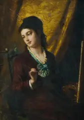 Gustave David, Lady Artist with Parrot, Oil on Paper on Card