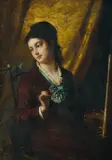 Gustave David, Lady Artist with Parrot, Oil on Paper on Card
