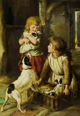 Walter Hunt, Young Girls with Fox Terrier Puppies, 1887, Oil on Canvas