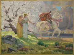 Henry Sené, Knight & Maidens; & Two Nudes & Goat (double-sided work), Oil on Panel
