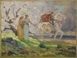 Henry Sené, Knight & Maidens; & Two Nudes & Goat (double-sided work), Oil on Panel