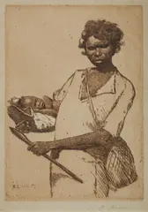 Benjamin E Minns, Aboriginal Woman Carrying Baby & Club, Aquatint