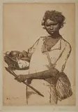 Benjamin E Minns, Aboriginal Woman Carrying Baby & Club, Aquatint