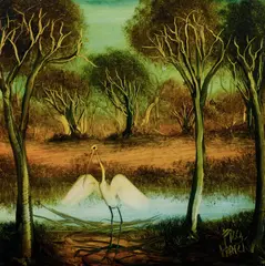 Pro Hart, Brolga at Waterhole, Oil on Board