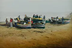 James Holmyard, Clearing the Nets (near Malaga), Oil on Canvas on Board