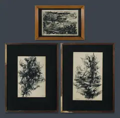 Peter Laverty, (3), Pair of Untitled pen drawings, 1963 (32x19.5cm & 27x18.5cm); 'Water at Night,' 1988, etching (15x22cm)