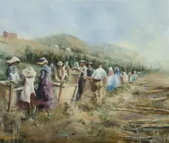 Robyn Gosbell, The Hop Pickers of Tasmania, 1978, Oil on Canvas on Board