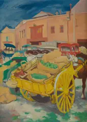 Normand Baker, Market Scene with Horse & Cart, Oil on Canvas on Board