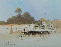 Rex Newell, Bush Sheds, 1988, Oil on Canvas on Board