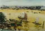 Charles Bush, The Pearl River - Canton China, Mixed Media on Paper
