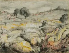 T John Santry, Landscape with Distant Church, Charcoal & Pastel