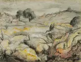 T John Santry, Landscape with Distant Church, Charcoal & Pastel