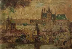 Emanuel Knížek, Vitava with Bridges & Prague Castle, Oil on Panel