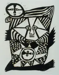 Mathias Kauage, Tupela Slip Cons Diwai (Two Men Sleep in Tree), 1968, Woodcut