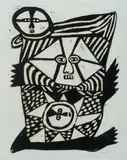 Mathias Kauage, Tupela Slip Cons Diwai (Two Men Sleep in Tree), 1968, Woodcut