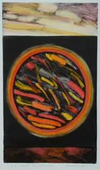 Marilynn Webb, Fire, Tussock & the Waipori River, 1981, Hand Coloured Monotype