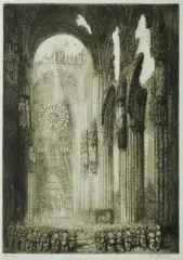 Frank Arthur Nankivell, Soldiers' Remembrance Service in a Ruined, Etching