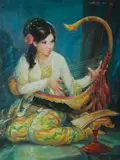 Ba Lon Lay, Burmese Harp (Saung Gauk) Player, Oil on Canvas on Board