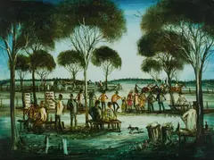 Race Meeting by Pro Hart, Oil on Board, sold Aug 2020