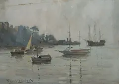Percy Lindsay, Boats at Mooring, Sydney Harbour, Oil on Panel