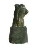 Loma Kylie Latour, Male Torso,' 1934. Plaster with painted bronze patina, ed. 3/12. Signed 'Loma Lautour 1934' (back of base). 'Limited: 12; No 3' (right side). Sculpted: 1934 while studying under Rayner Hoff at East Sydney Technical College. Aquired: 1995 from private collector. (H21cm W11.5cm D9cm)