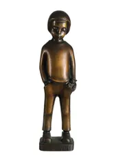 Boy with Kitten,' 1990. Bronze with brushed patina (suitable for garden-outdoor sculpture). Signed 'L. Mimovich' (on base at back). Acquired: 1995 from private seller. (H62cm W16cm D12cm) by Leopoldine Mimovich, 'Sculpture of Leopoldine Mimovich,' Spectrum Publications, Richmond, 1977, sold Aug 2020