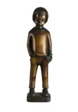 Leopoldine Mimovich, Boy with Kitten,' 1990. Bronze with brushed patina (suitable for garden-outdoor sculpture). Signed 'L. Mimovich' (on base at back). Acquired: 1995 from private seller. (H62cm W16cm D12cm), 'Sculpture of Leopoldine Mimovich,' Spectrum Publications, Richmond, 1977